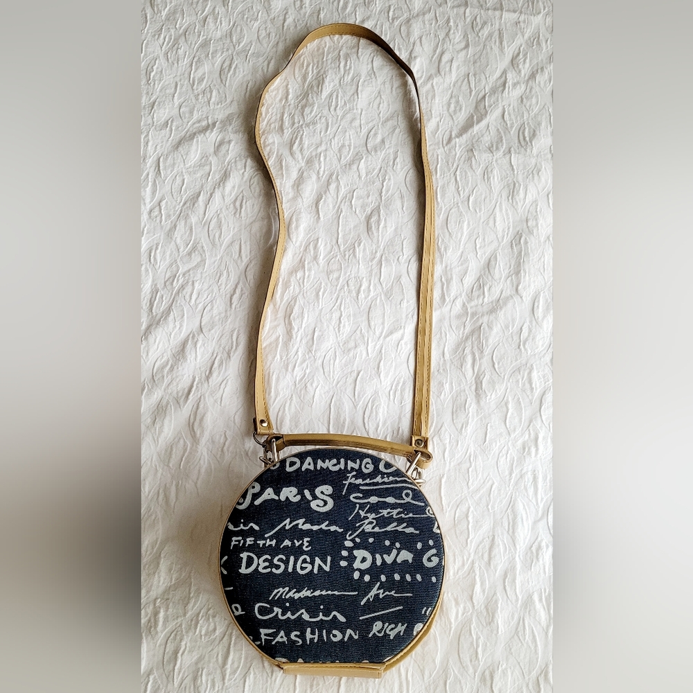 Small Canvas Circle Purse handbag Crossbody Purse With Mirror Blue Beige - Picture 1 of 9